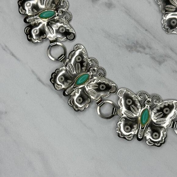 Silver Tone Butterfly Concho Faux Turquoise Chain Belt Extra Small/Small XS/S ✨ main image 7